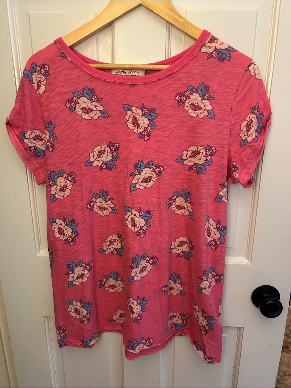 We The Free Pink Floral Short Sleeve Tee with Blue Accents